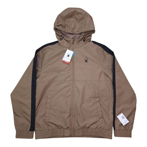 Spyder Men Taupe Hooded Jacket M Hydroweb Water Wind Resistant Breathable Dryweb